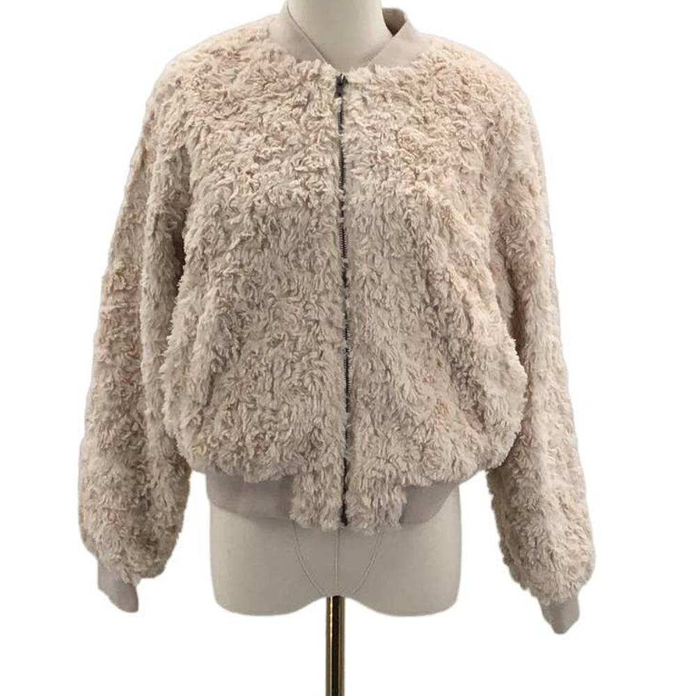 COMPANIA FANTASTICA SZ L cream faux fur full Zip bomber winter jacket NWT 0B5